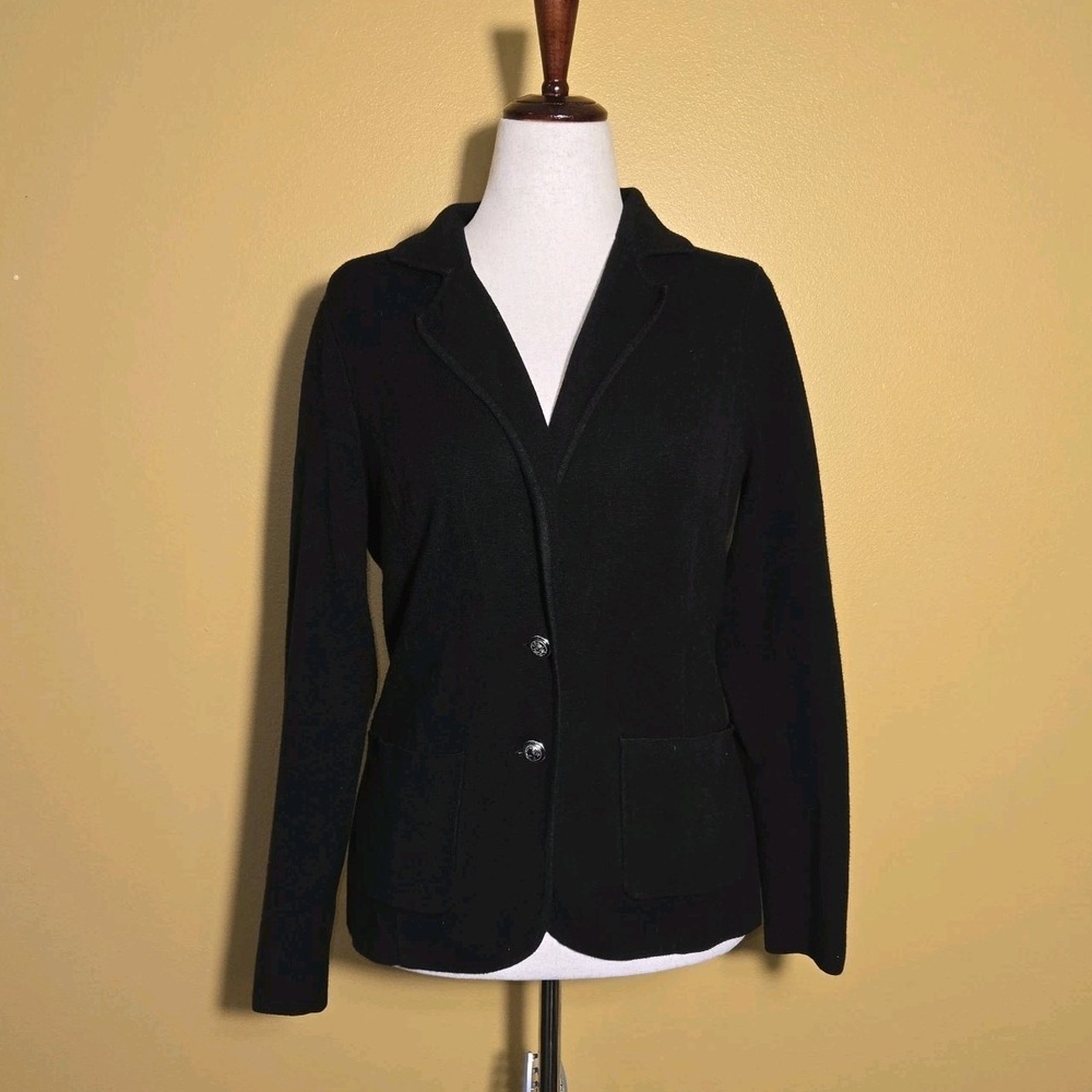 WHBM Blazer‎ Jacket Womens MP Black Silver Knit Stretch Tailored Career Academia